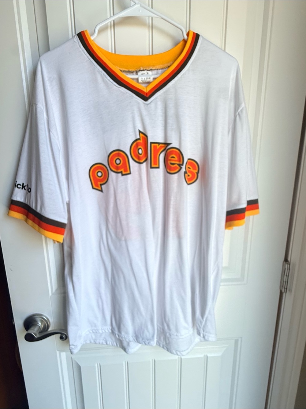 Padres Short Sleeve V-Neck Tee in White with Orange Trim